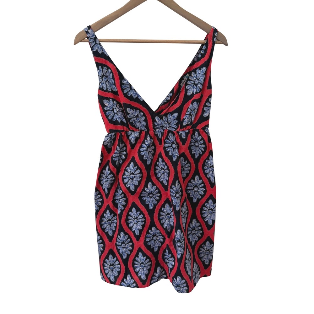 Old Navy Mini Dress Small Red Blue Ikat Floral Cotton V-Neck Sleeveless Pockets